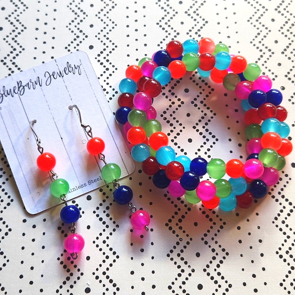 Handmade Colorful Stretch Bracelet & Stainless Steel Earring Set